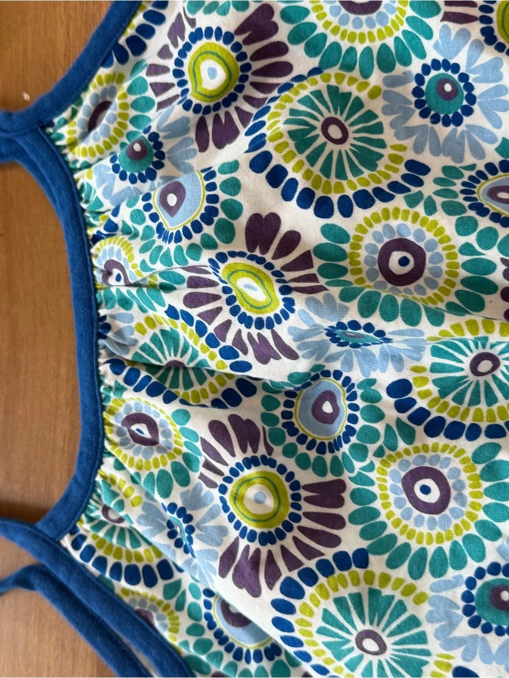 Tea Collection Blue Floral Geometric Romper with Green & Purple Accents Size 12